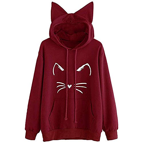 DEELIN OtoñO E Invierno De Las Mujeres Orejas De Gato De Manga Larga Sudadera con Capucha Sudadera con Capucha SuéTer SuéTer Camisa Vino Rojo/Negro (L, Rojo)