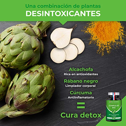 Detox Depurativo Higado y Colon Diurético Natural | Complejo Bio Alcachofa Rábano Negro Cúrcuma Orgánica | Drenante Desintoxicante Digestión Limpieza Intestinal | Vegano 90 Cápsulas Hecho en Francia