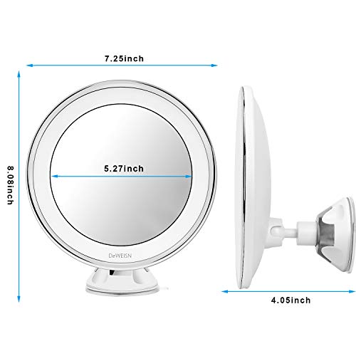 DeWEISN Espejo para Maquillarse con Luces LED Naturales, Aumento 10x Espejo de Vanidad con Ventosa de Bloqueo Rotación de 360 ° Portátil, Espejo de Pared Iluminado para Afeitado de Baño y Viajes