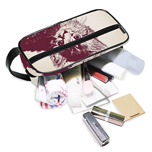 DEZIRO Burgundy Hair Cat Pattern Bolsa de aseo portátil para viaje, impermeable, organizador de maquillaje, bolsa de cosméticos para mujeres y niñas