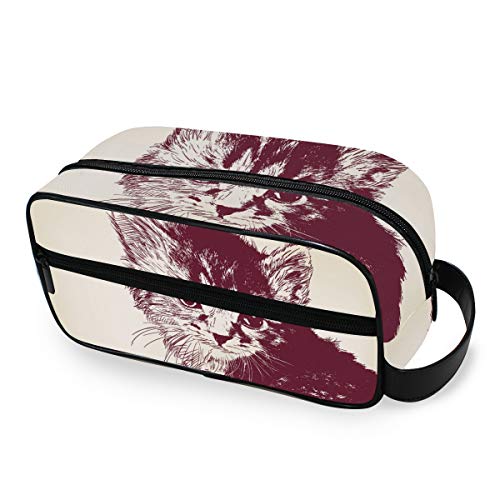 DEZIRO Burgundy Hair Cat Pattern Bolsa de aseo portátil para viaje, impermeable, organizador de maquillaje, bolsa de cosméticos para mujeres y niñas