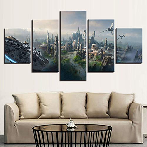 DGGDVP Pintura de la Lona Arte de la Pared   Impresiones en HD Imágenes 5 Piezas Paisaje de Star Wars Halcón Milenario Cartel Decoración para el hogar Sala de Estar Tamaño 1 Sin Marco