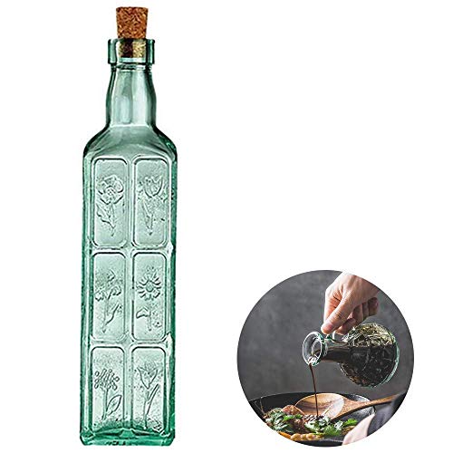 DHRH Botella de Vidrio de Aceite de Oliva, con diseño de Flores, Recipiente de condimentos a Prueba de Fugas, con Corcho con Anillo de Metal, vertedor de Aceite de Vidrio para lavavajillas