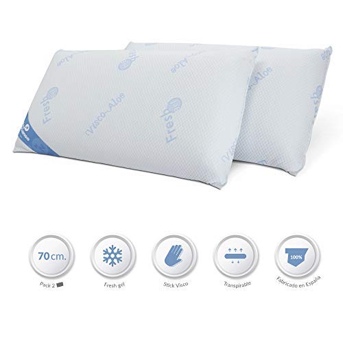 Don Descanso Pack 2 Almohadas Gel Fresh con Copos Viscoelástica, 70cm, Firmeza Media, Ergonómicas, Adaptables a Cabeza y Cuello, Termoreguladora, Transpirables, Tejido Strech. Fabricadas en España.