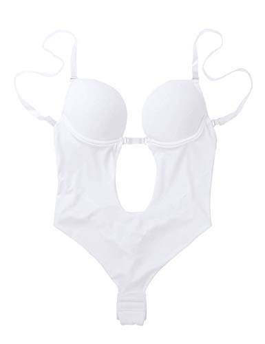 dPois Body Básico sin Espalda para Mujer Escote V Profundo Sujetador con Aros Push Up Correas Transparentes Ajustables Ropa interior de Cuerpo Body Shapewear Blanco 38C,38D,40B,40D