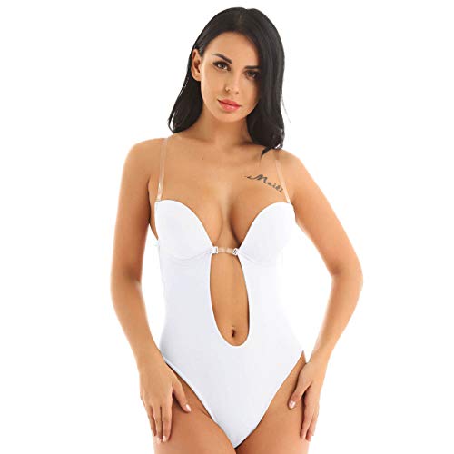 dPois Body Básico sin Espalda para Mujer Escote V Profundo Sujetador con Aros Push Up Correas Transparentes Ajustables Ropa interior de Cuerpo Body Shapewear Blanco 38C,38D,40B,40D