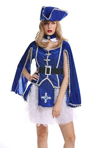 dressmeup - W-0284 Disfraz Mujer Feminino Halloween Carnval Mosquetero Soldado Barroco Gato con Botas Sombrero Azul Talla S