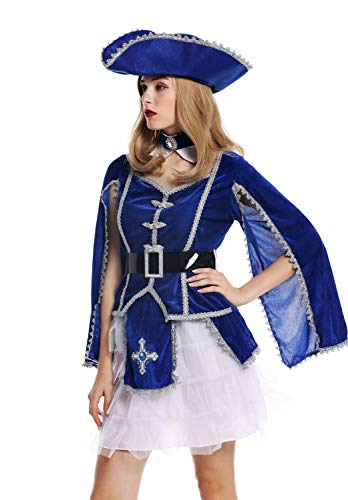 dressmeup - W-0284 Disfraz Mujer Feminino Halloween Carnval Mosquetero Soldado Barroco Gato con Botas Sombrero Azul Talla S