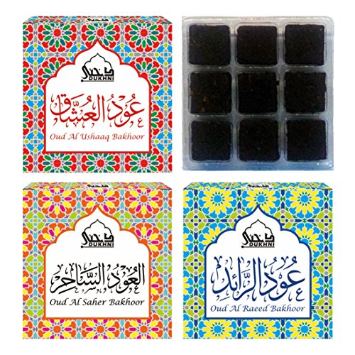 Dukhni Oud Bakhoor Pack of 3 Fragrances (Saher, Ushaaq & Raeed - 9 pcs Each)