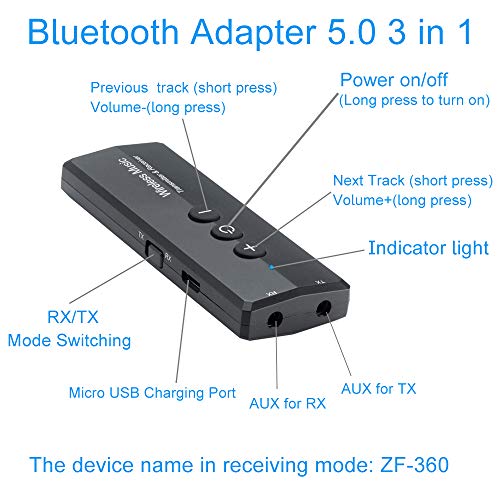 EasyULT Transmisor Receptor Bluetooth 5.0, Inalámbrico Adaptador Portátil Bluetooth 3-en-1 con 3.5mm Audio Cable, para PC/TV/Auriculares/Altavoces/Estéreo/Radio - Negro