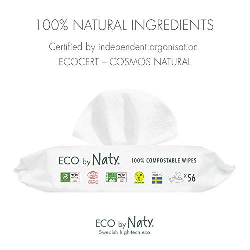 Eco by Naty Toallitas Aloe Vera para bebé, 672 unidades (12 paquetes de 56), Toallitas húmedas compostables hechas a base de fibras vegetales. 0% plástico. Sin sustancias nocivas.