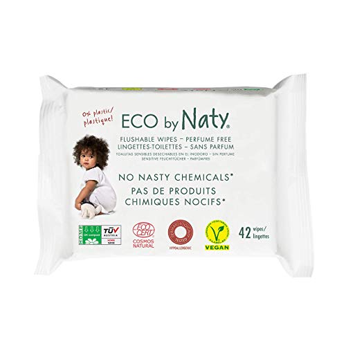 Eco by Naty Toallitas Desechables en el Inodoro para bebé, 504 unidades (12 paquetes de 42), Toallitas húmedas compostables hechas a base de fibras vegetales. 0% plástico. Sin sustancias nocivas.