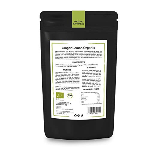 Edward Fields - Té Verde orgánico de alta calidad con Jengibre y Limón. Ingredientes y aromas naturales. Cantidad: 100g. Formato: Granel. Origen: China. Detox, antioxidante, adelgazante.