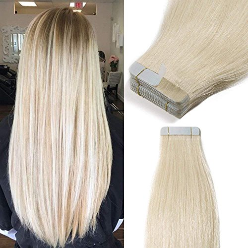 Elailite Extensiones de Pelo Natural Adhesivas Cabello Remy Humano - 60 cm #60 Rubio Platino - [2.5g *40 Piezas] 100g Tape in Hair Extension Liso