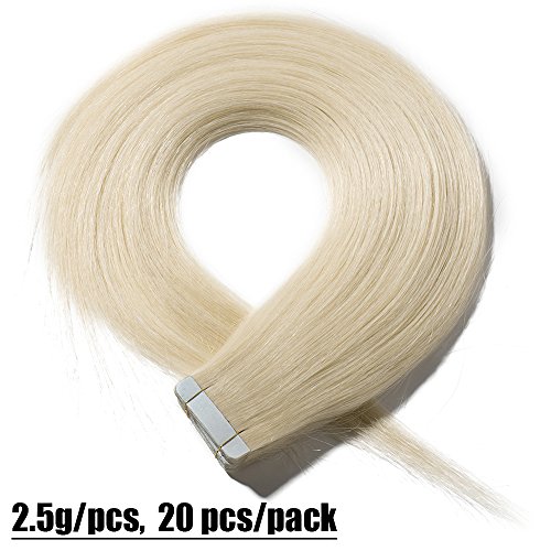 Elailite Extensiones Sin Clips Adhesivas Naturales 100% Remy Pelo Humano [2.5g *20 Unidads] 50g - 40 cm #60 Rubio Platino - Tape in Hair Extension Lisa