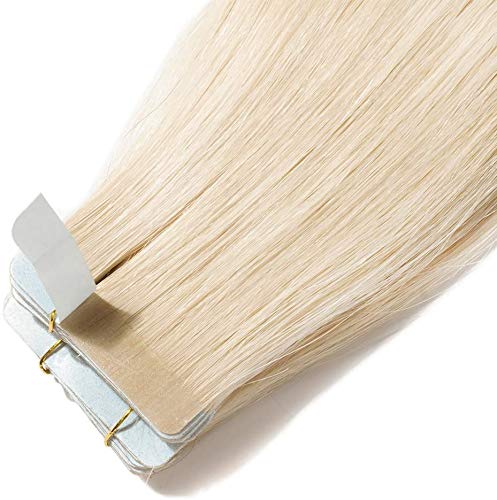 Elailite Extensiones Tape Pelo Natural Adhesivas Cabello Humano 100% Remy Hair Liso - 45 cm #60 Rubio Platino [2.5g *20 Piezas] 50g