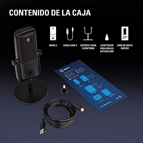 Elgato Wave:3 Micrófono Condensador USB de Calidad y Solución de Mezcla Digital, Tecnología Antisaturación, Sensor Táctil de Muteo, Streaming y Podcasting