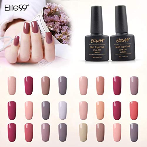 Elite99 Esmalte Semipermanente UV LED 7pcs Kit Uñas de Gel Pintauñas con Base Top Coat, Top Coat Mate, Esmalte de Uñas Soakoff Manicura - Nude 001