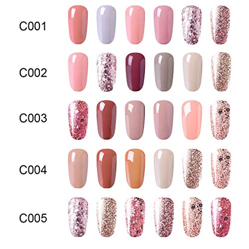 Elite99 Esmaltes Semipermanentes de Uñas en Gel UV LED, 6pcs Kit de Esmaltes de Uñas de Color Nude y Brillo Glitter 10ml 002