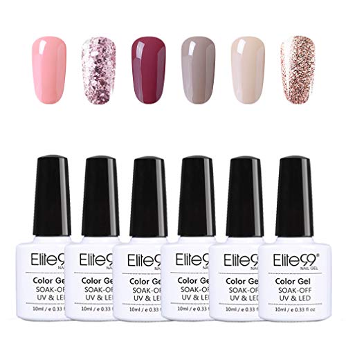 Elite99 Esmaltes Semipermanentes de Uñas en Gel UV LED, 6pcs Kit de Esmaltes de Uñas de Color Nude y Brillo Glitter 10ml 002