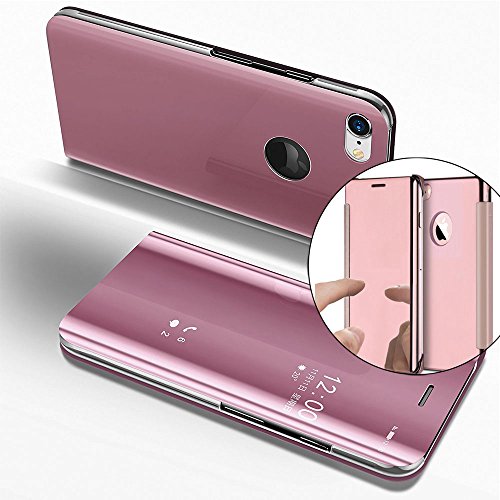 EMAXELERS Funda iPhone 8 Espejo Caja de Maquillaje con Marco de Cuero de la PU Flip Protectora de Cuerpo Completo para iPhone 7 Mirror PU : Rose Gold