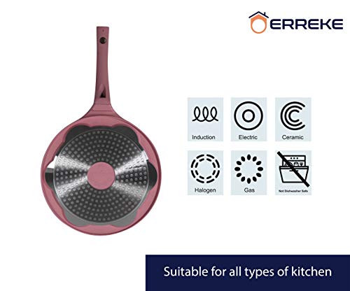 Erreke - Sartén para Tortitas, Molde Tortitas, Todo Tipo de Cocinas Incluso Inducción, Antiadherente, Diseño Caritas, Mango Tacto Suave, Infantil y Divertido, Tamaño 26 cm, Color Rosa