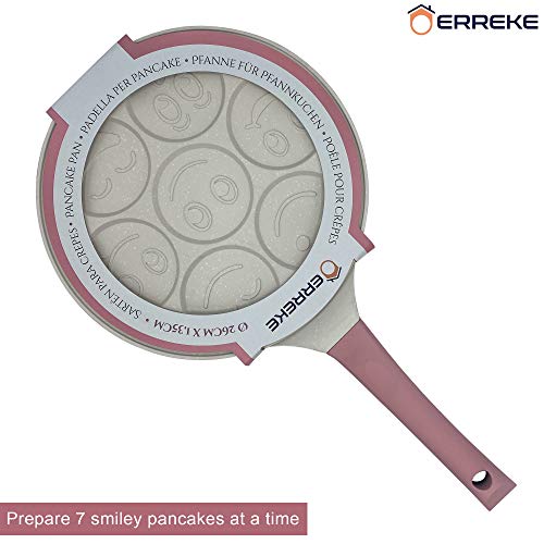 Erreke - Sartén para Tortitas, Molde Tortitas, Todo Tipo de Cocinas Incluso Inducción, Antiadherente, Diseño Caritas, Mango Tacto Suave, Infantil y Divertido, Tamaño 26 cm, Color Rosa