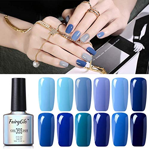 Esmalte de Uñas Semipermanentes 12pcs Kit Uñas de Gel UV LED Serie de Color Azul Semipermanente Shellac Soak off Manicura y Pedicura 10ml de Fairyglo-kit 003