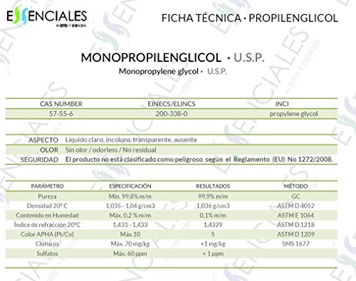 Essenciales - Propilenglicol USP - Pureza Certificada - 1 Litro - PG Base | Uso Farmacéutico - Grado Alimentario - Vapeo