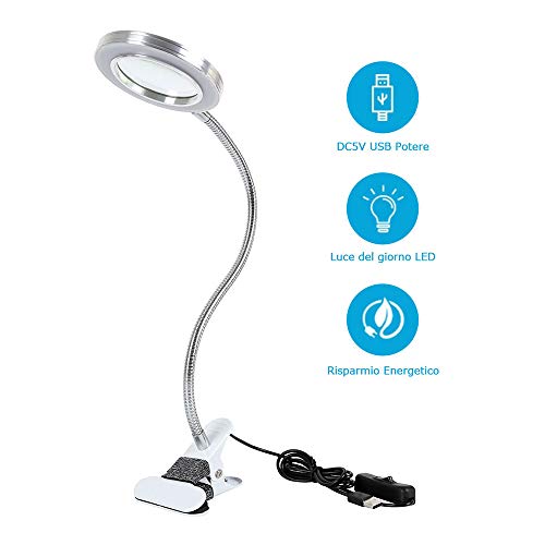 Esteticista Lámpara con Lupa 8 Dioptrías LED USB Portátil Clip Portátil Cuello de Cisne Lámpara Flexible Maquillaje Tatuaje Uñas Arte Belleza