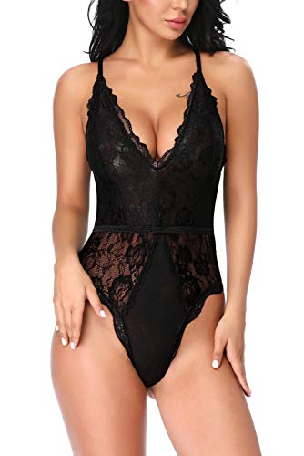 Evelife Body Encaje Mujer Sexy Teddy Bodysuit Ropa Interior V Profundo Snap Crotch Ropa de Dormir Lencería Transparente(Negro L)