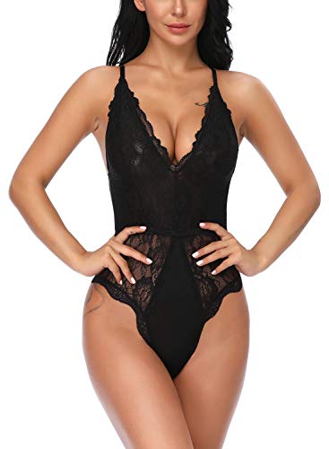 Evelife Body Encaje Mujer Sexy Teddy Bodysuit Ropa Interior V Profundo Snap Crotch Ropa de Dormir Lencería Transparente(Negro L)