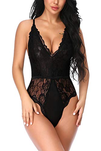 Evelife Body Encaje Mujer Sexy Teddy Bodysuit Ropa Interior V Profundo Snap Crotch Ropa de Dormir Lencería Transparente(Negro L)