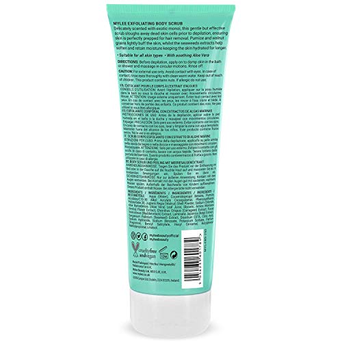 Exfoliante Corporal Suavizante Mylee con Extractos Nutritivos de Algas Marinas Naturales, Aloe Vera, Monoï de Tahití, Previene los Pelos Enquistados, Pre-Bronceado y Depilación, Vegano y Cruelty Free