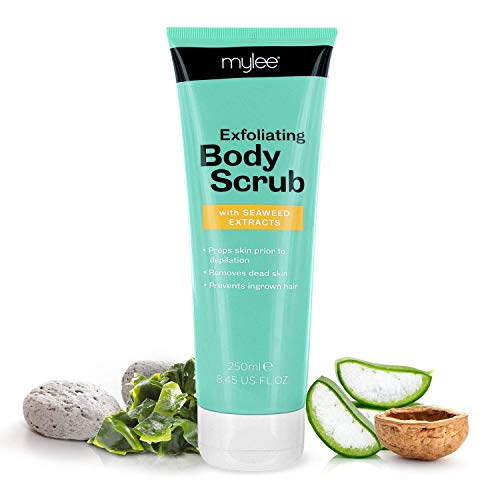 Exfoliante Corporal Suavizante Mylee con Extractos Nutritivos de Algas Marinas Naturales, Aloe Vera, Monoï de Tahití, Previene los Pelos Enquistados, Pre-Bronceado y Depilación, Vegano y Cruelty Free