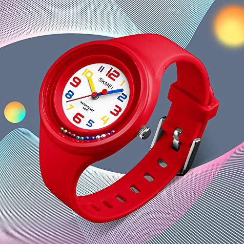 FeiWen Fashion Casual Niño y Niña Relojes de Pulsera Cuarzo Analógico 50M Impermeable Número Reloj Plástico Bisel con Goma Correa (Rojo)