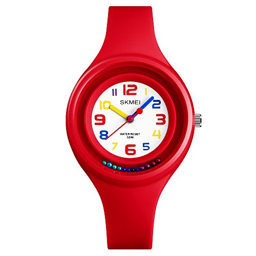 FeiWen Fashion Casual Niño y Niña Relojes de Pulsera Cuarzo Analógico 50M Impermeable Número Reloj Plástico Bisel con Goma Correa (Rojo)