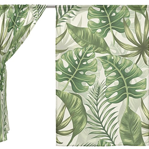 FFY Go Sheer Voile Cortina De Ventana Tela De Poliéster Material Impreso, Diseño De Hojas De Hoja Tropical para Decoración De Dormitorio Casa Puerta Decoración Cocina Salón 2 Paneles 78 X 55 Pulgadas