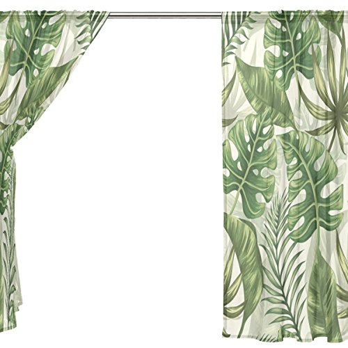 FFY Go Sheer Voile Cortina De Ventana Tela De Poliéster Material Impreso, Diseño De Hojas De Hoja Tropical para Decoración De Dormitorio Casa Puerta Decoración Cocina Salón 2 Paneles 78 X 55 Pulgadas