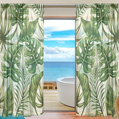 FFY Go Sheer Voile Cortina De Ventana Tela De Poliéster Material Impreso, Diseño De Hojas De Hoja Tropical para Decoración De Dormitorio Casa Puerta Decoración Cocina Salón 2 Paneles 78 X 55 Pulgadas