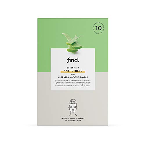 FIND - Mascarilla hidrogel, sin goteo, antiestrés con aloe vera y algas atlánticas, pack de 10 unidades