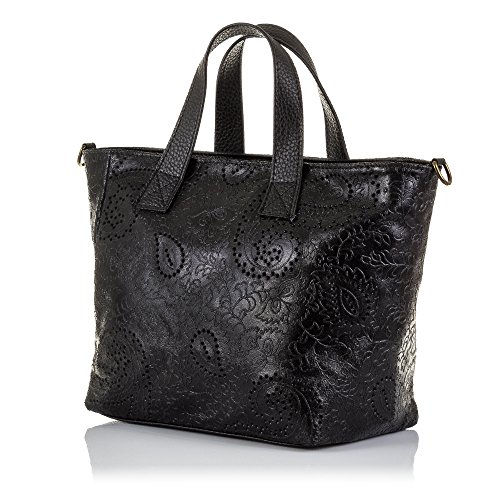 FIRENZE ARTEGIANI. Cassandra Bolso Tote Mujer.Piel auténtica Gamuza Grabado Arabesco .Made in Italy. Vera Pelle Italiana.32x14x23 cm. Color: Negro