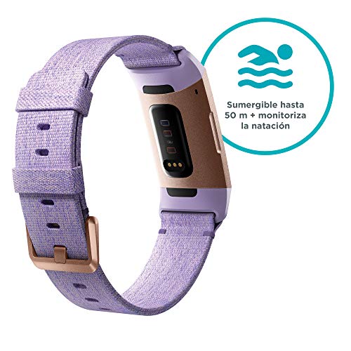 Fitbit Charge 3 Pulsera Avanzada de Salud y Actividad física, Unisex-Adult, Textil Lavanda/Aluminio Color Oro Rosa, Talla Unico