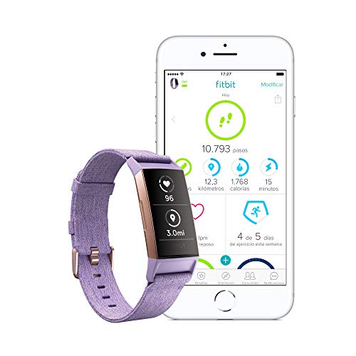 Fitbit Charge 3 Pulsera Avanzada de Salud y Actividad física, Unisex-Adult, Textil Lavanda/Aluminio Color Oro Rosa, Talla Unico