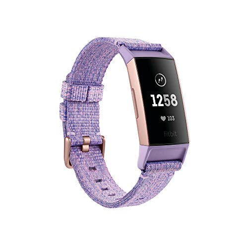 Fitbit Charge 3 Pulsera Avanzada de Salud y Actividad física, Unisex-Adult, Textil Lavanda/Aluminio Color Oro Rosa, Talla Unico