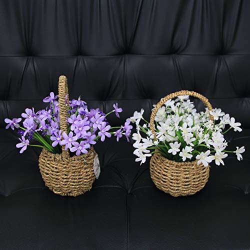 Flikool Flores Artificiales de Seda con Cesta de Flores Tejidas Falsas Narcisos con Jarrón Orquídeas Plantas Artificiales en Maceta Bonsai Verdes Arbustos para Ventana Balcón Interior - Blanco