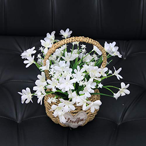 Flikool Flores Artificiales de Seda con Cesta de Flores Tejidas Falsas Narcisos con Jarrón Orquídeas Plantas Artificiales en Maceta Bonsai Verdes Arbustos para Ventana Balcón Interior - Blanco