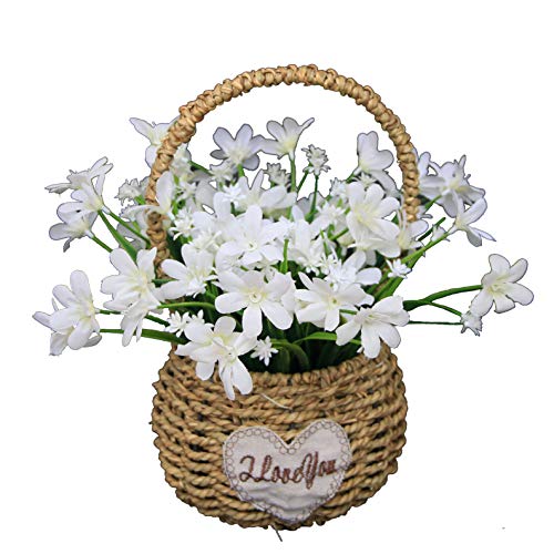 Flikool Flores Artificiales de Seda con Cesta de Flores Tejidas Falsas Narcisos con Jarrón Orquídeas Plantas Artificiales en Maceta Bonsai Verdes Arbustos para Ventana Balcón Interior - Blanco