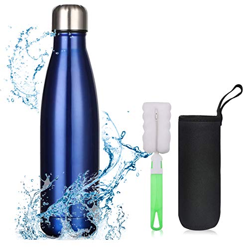 flintronic Botella Termica, 500ML Botella de Agua de Acero Inoxidable, Aislamiento de Vacío de Doble Pared, Botellas de Frío/Caliente Sin BPA & Eco Friendly, con 1 Portavasos y 1 Cepillo