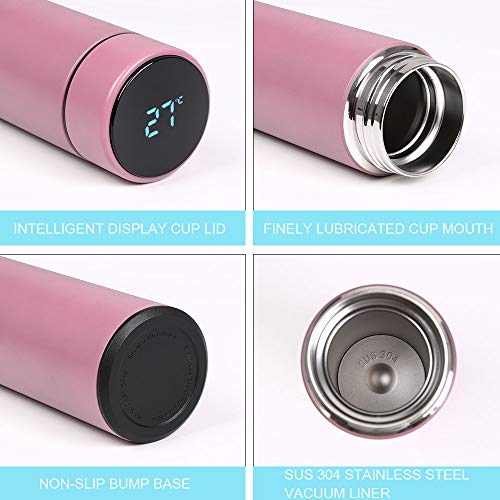 flintronic Taza de Viaje, Termo Taza 500ML Travel Mug, Frasco de Vacío de Acero Inoxidable, Pantalla LED Táctil Inteligente con Temperatura, Térmica de Doble Pared, Aislado al Vacío - Rosa